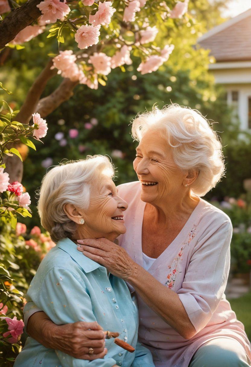 A heartwarming scene featuring an elderly grandmother and her grandchild sharing a joyful moment in a cozy garden, surrounded by blooming flowers and warm sunlight. They are exchanging laughter and stories, with a backdrop of nostalgic family photos hanging on a nearby tree. The atmosphere is filled with love and a sense of intimacy, showcasing the bond across generations. Soft pastel colors with a whimsical touch. painting. vibrant colors.