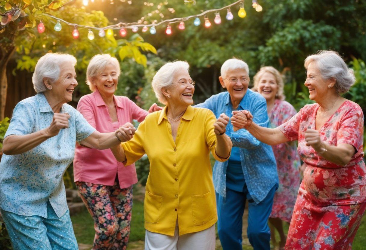 A vibrant and lively scene depicting a group of joyful elderly individuals dancing together in a colorful garden, surrounded by blooming flowers and twinkling fairy lights. Their faces radiate happiness and vitality, showcasing a variety of emotions from laughter to playful affection. Capture the essence of celebration of life, love, and sensuality in their expressions and movements. Include soft sunlight filtering through the trees, creating a warm and inviting atmosphere. impressionistic painting. bright colors. warm lighting.