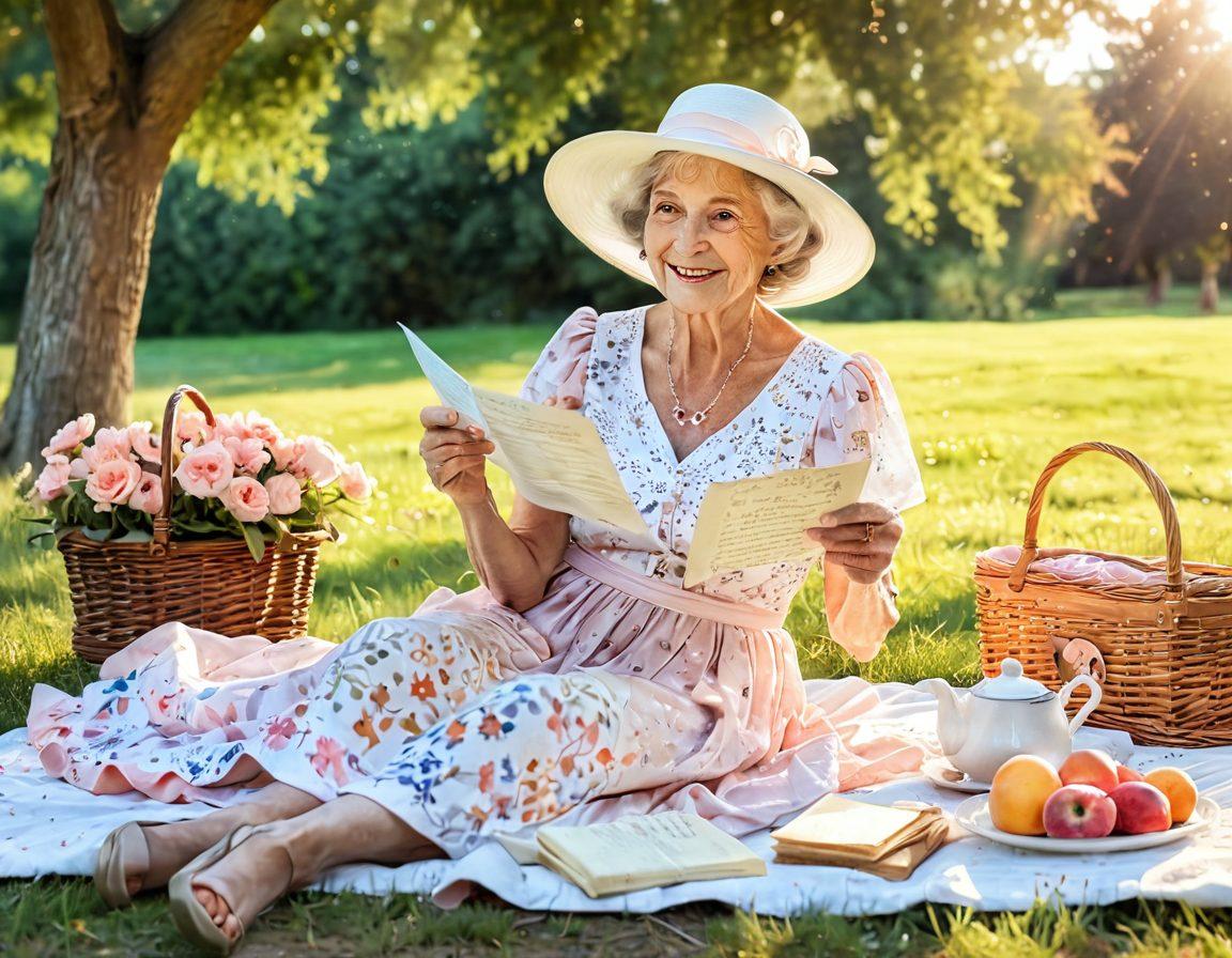 A whimsical illustration of an elegant grandmother playfully enjoying a romantic picnic in a sunlit park, surrounded by blooming flowers and vintage love letters. She wears a stylish hat and a flowing dress, while a sweet sunset casts a warm glow in the background. The scene conveys joy, freedom, and love at an older age. watercolor, soft focus, pastel colors.